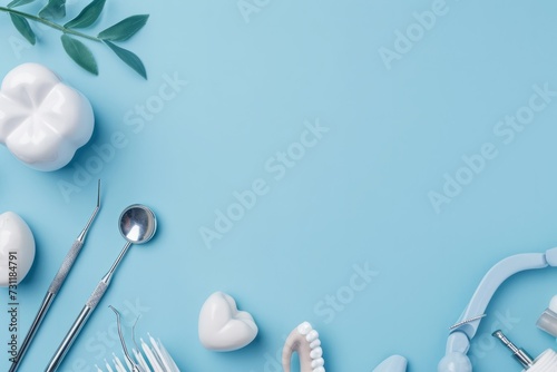 Pastel blue postcard with a white fake tooth, concept of dentistry, dental care and international dentist day celebration