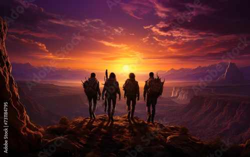 Four silhouettes of group of adventurers stand on top of mountain and watch the sunset.