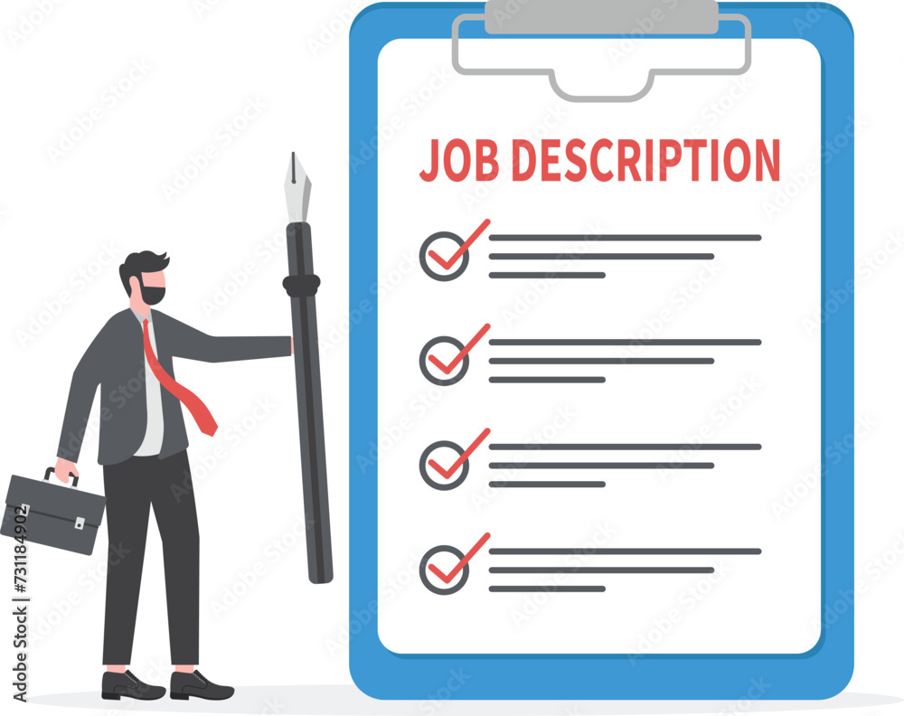 Job description, qualification and requirement for job position, working scope document, duty and responsibility for employment concept, business people employer writing job description document.
Job description, qualification and requirement for job position, working scope document, duty and responsibility for employment concept, business people employer writing job description document.