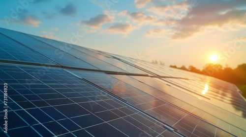 Sunset Glow Over Expansive Solar Panel Field