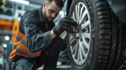 Professional Mechanic Inspecting and Repairing Car Tire