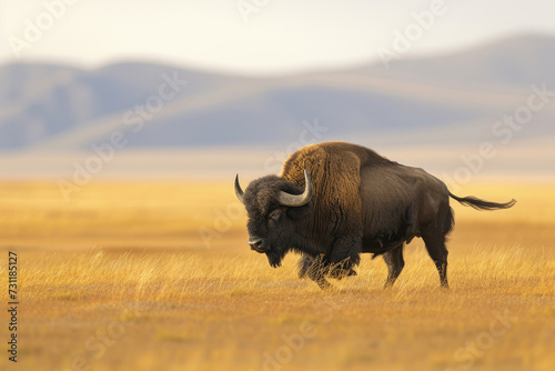 A yak buffalo strides across the vast  open plains