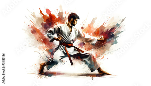 Dynamic illustration of a martial artist in a karate stance with a vivid explosion of watercolor splashes in the background, conveying movement and energy.Sport concept. AI generated.