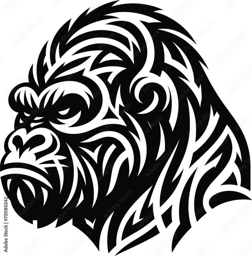 modern tribal tattoo gorilla, abstract line art of animals, minimalist contour. Vector