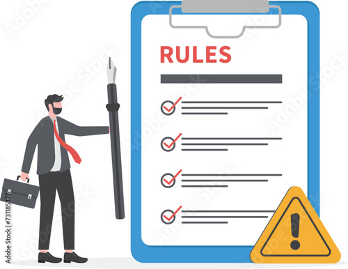 Rules and regulations, policy and guideline for employee to follow, legal term, corporate compliance or laws, standard procedure concept, businessman finish writing rules and regulations document.

