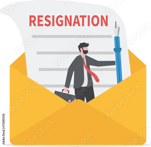 Professionals write resignation letter to quit job or inform to leave company, change new job or notify boss, manager of dismissal concept, businessman professional with pen writing resignation email.