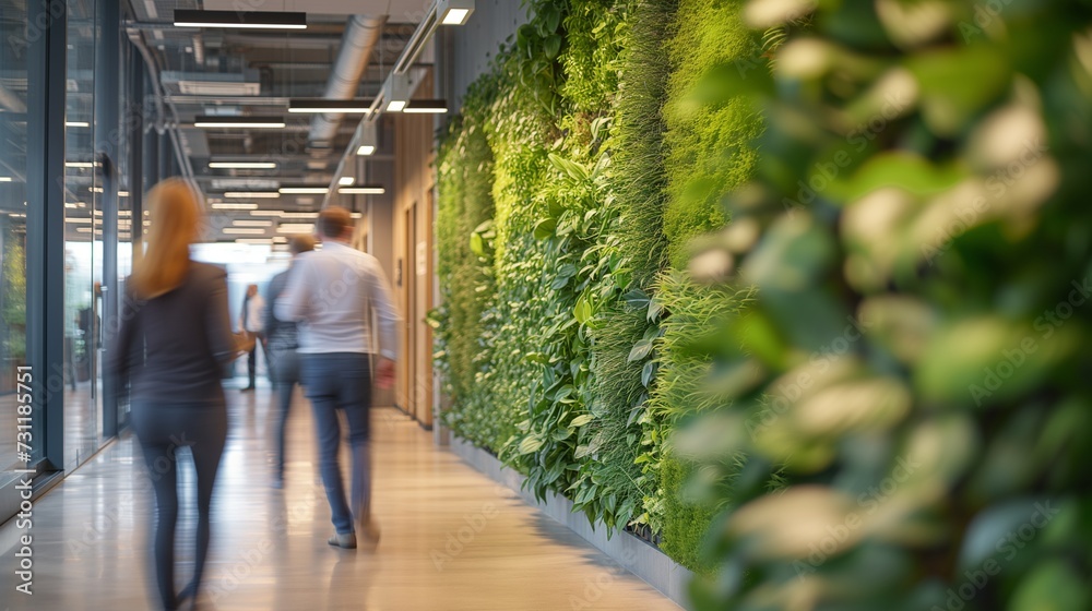 © TensorSpark - A modern, eco-friendly office environment promoting employee health, featuring a lush living green wall, natural light, and ergonomic furniture designed for comfort and productivity.