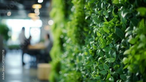 Modern eco-friendly office space featuring a lush living green wall, designed to promote employee wellness and environmental sustainability in the workplace.