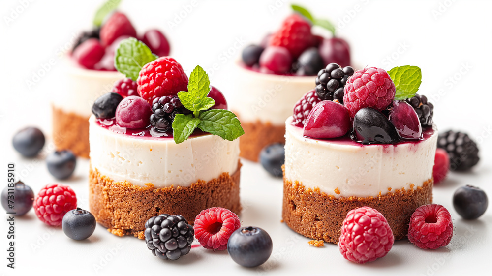 Set of cheesecakes with fresh berries and mint isolated on a white background Set of cheesecakes with fresh berries and mint isolated on a white background