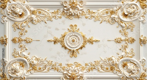Ceiling 3D wallpaper adorned with a Victorian-style white and gold decorative frame background. 