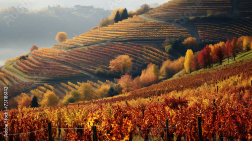 Scenic Autumn Vineyard with a Carpet of Colorful Leaves 