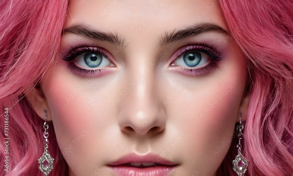 Closeup of woman with pink makeup painted black long eyelashes. Creative banner for false eyelash extension master or beauty salon