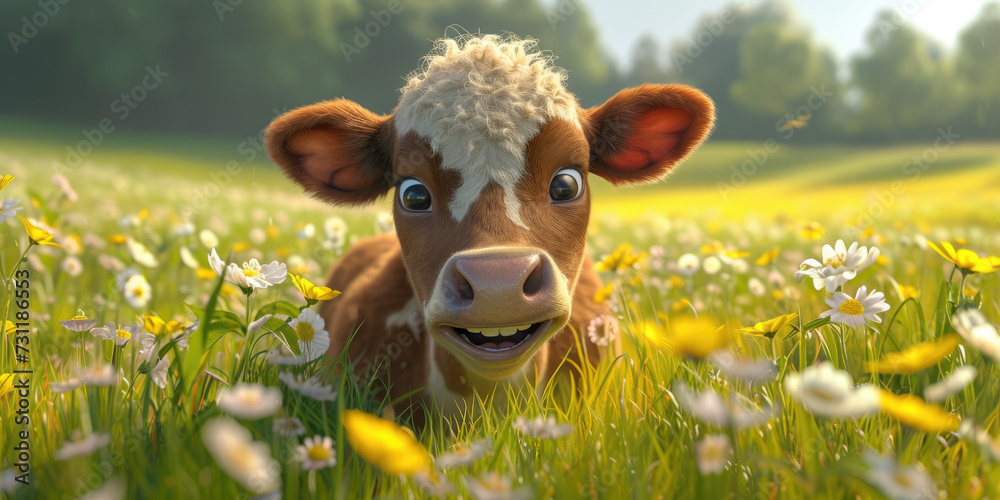 Funny cartoon cow in the green spring field. brown and white cow peacefully laying on top of a lush green field, basking under the sun.