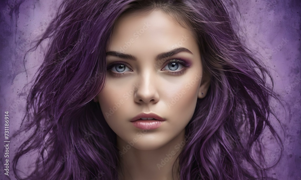A glamorous woman with purple hair on a violet grunge texture background A glamorous woman with purple hair on a violet grunge texture background