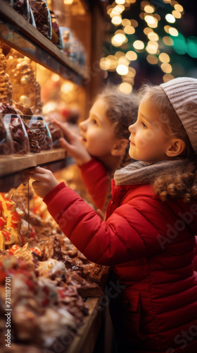 Enchanted Kids Gazing at Christmas Market Candies
