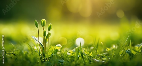 green flower bud sprout from grass meadow with bokeh light, spring field with morning light Generative Ai