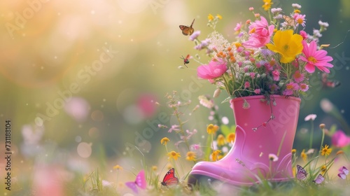 Bright pink rubber boot with spring flowers inside and butterflies around on the blurred nature background, concept of the arrival and celebration of spring
