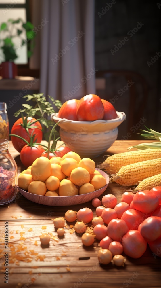 A wooden table is covered with a bountiful assortment of various fresh fruits and vegetables, creating a vibrant and colorful display. Generative AI A wooden table is covered with a bountiful assortment of various fresh fruits and vegetables, creating a vibrant and colorful display. Generative AI