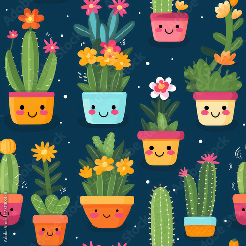 seamless pattern with cactus and flowers. Seamless kawaii cactus pattern on black background. Cactus with face