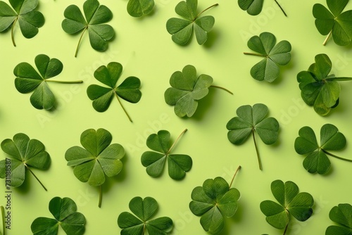 Green clovers close up on green background for st patrick's day celebration, flatlay layout