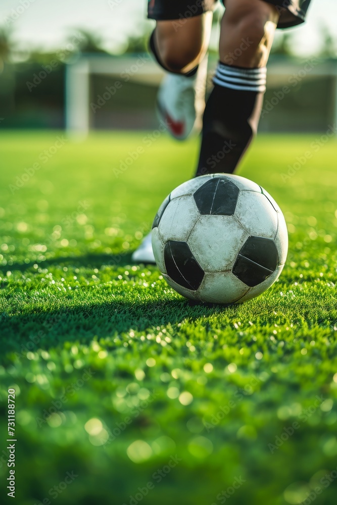 A soccer player's legs in action on lush turf as he deftly controls and advances the ball