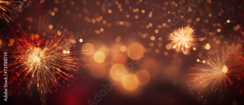 Celebratory Ambiance with Gold and Red Fireworks and Bokeh 
