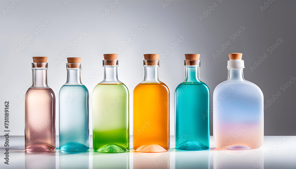 various transparent bottles for liquid soap or shampoo with liquid soap bubbles, white background, minimalistic studio design, various transparent bottles for liquid soap or shampoo with liquid soap bubbles, white background, minimalistic studio design,