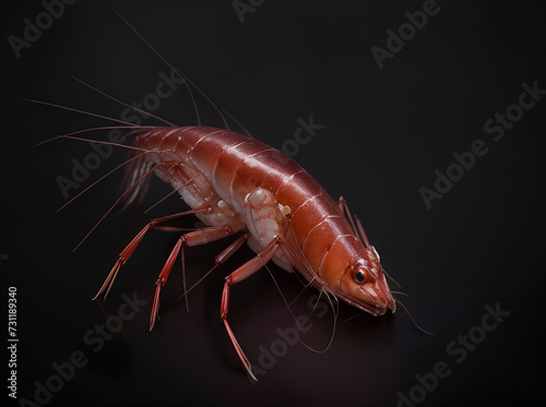 Shrimp. Generative AI. Red shrimp on a dark background. Shrimp close-up. AI illustration © Oleg