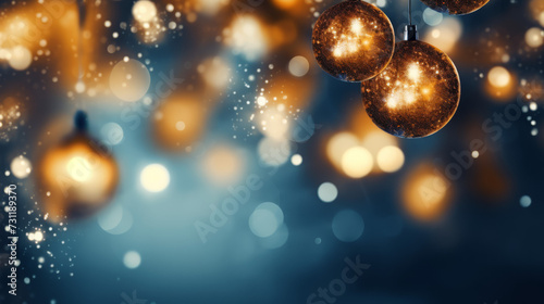 Magical Christmas Bokeh: Blue Background with Orange and Gold Bauble Lights
