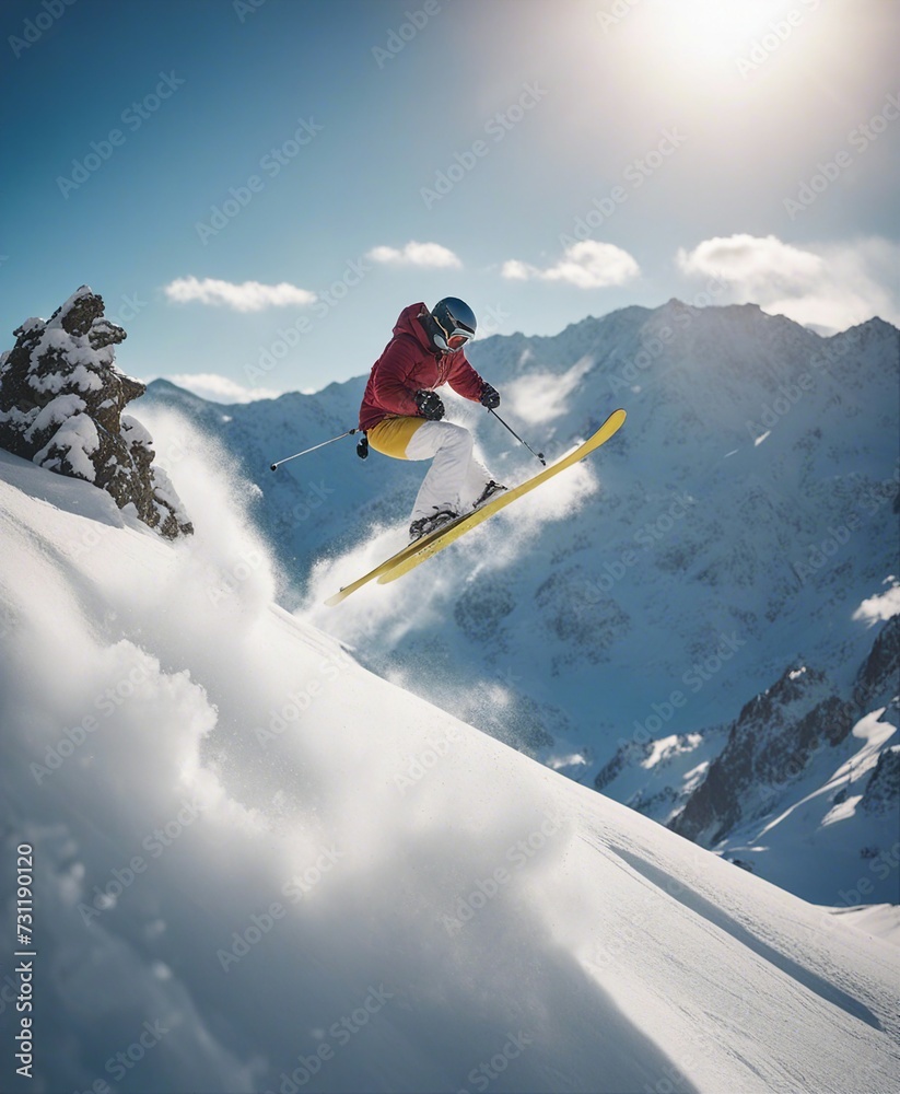 A skier jumps in the snowy mountains on a sunny day, with dense clouds of snow, dust and clouds flying behind him. A skier jumps in the snowy mountains on a sunny day, with dense clouds of snow, dust and clouds flying behind him.