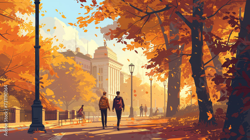 Golden autumn leaves framing a historic building and people walking in a park
