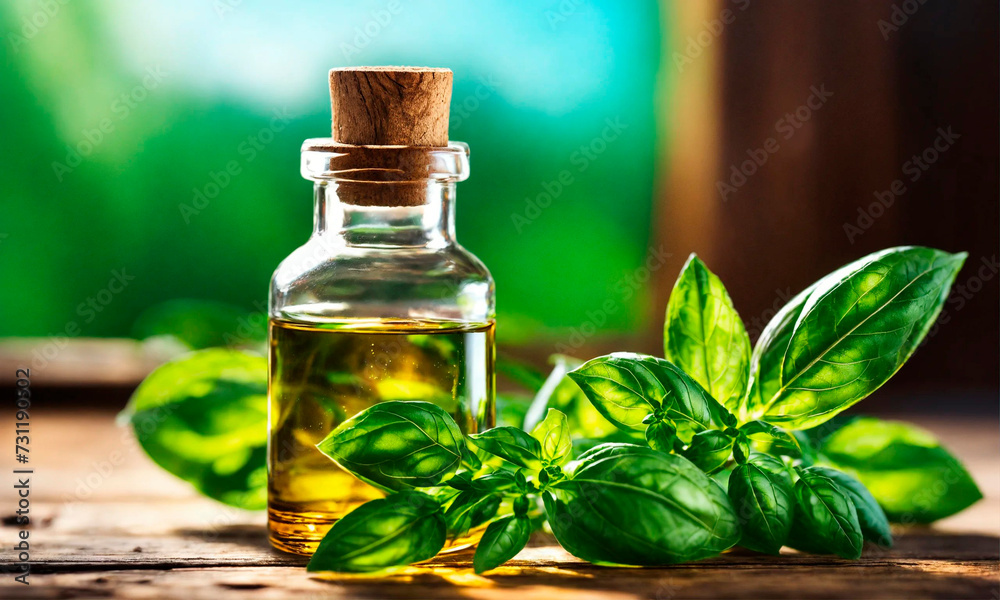 Basil essential oils in bottles. Selective focus. Basil essential oils in bottles. Selective focus.