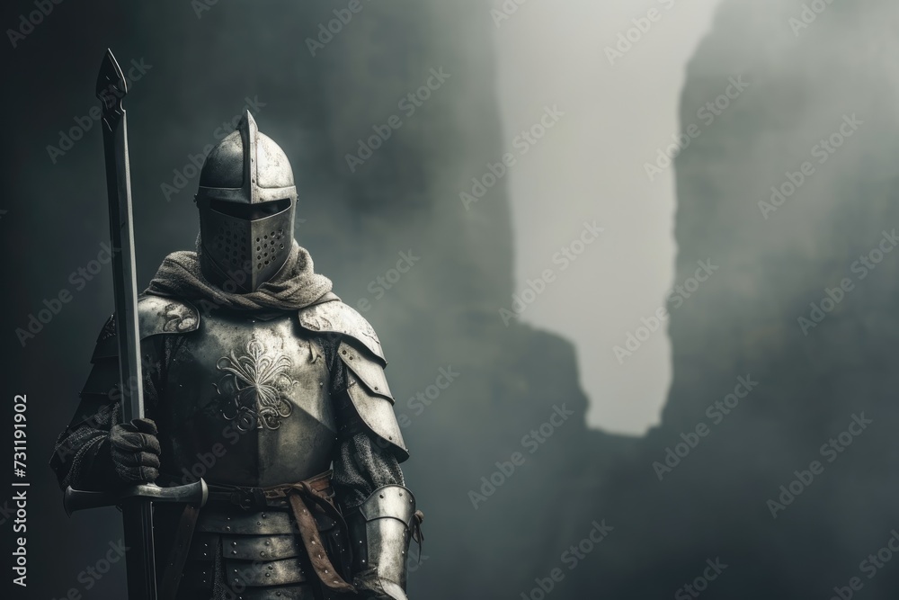 Handsome noble medieval knight in armor with a raised sword in haze. Copy space - obrazy, fototapety, plakaty 