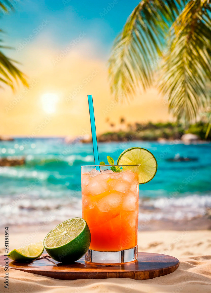 Obraz premium cocktails on the seashore overlooking palm trees. Selective focus.