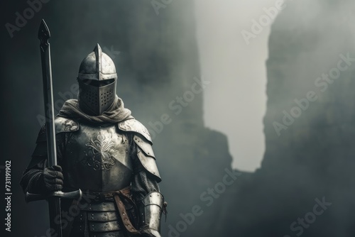 Handsome noble medieval knight in armor with a raised sword in haze. Copy space photo