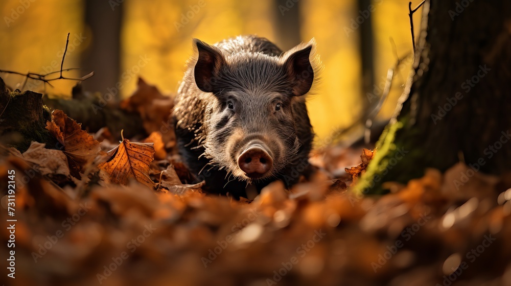 A cautious wild boar emerges amongst the autumn leaves in a serene oak forest setting, blending into its natural habitat A cautious wild boar emerges amongst the autumn leaves in a serene oak forest setting, blending into its natural habitat