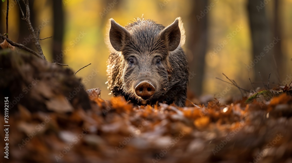A cautious wild boar emerges amongst the autumn leaves in a serene oak forest setting, blending into its natural habitat