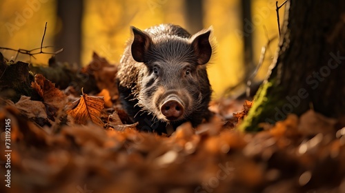 A cautious wild boar emerges amongst the autumn leaves in a serene oak forest setting, blending into its natural habitat © Ruslan