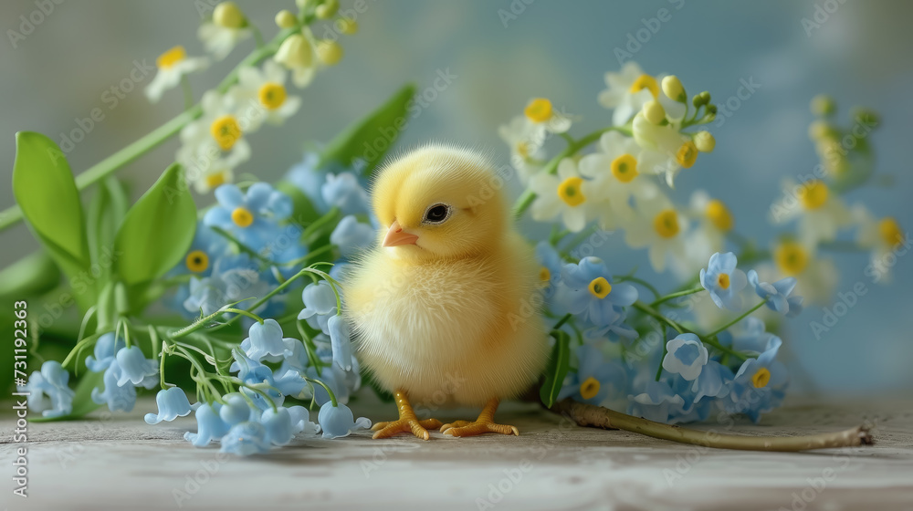 little cute yellow chick, Easter symbol, bird, spring, beak, feathers, animal, nature, blue flowers, toy, ceramic figurine