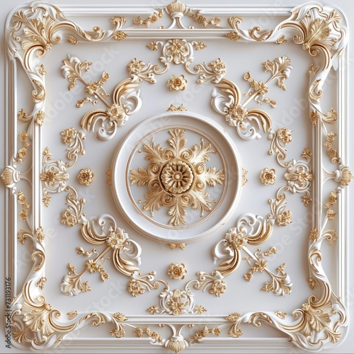 Transform your ceiling with opulent white-golden 3D wallpaper set against a Victorian-style decorative frame background.