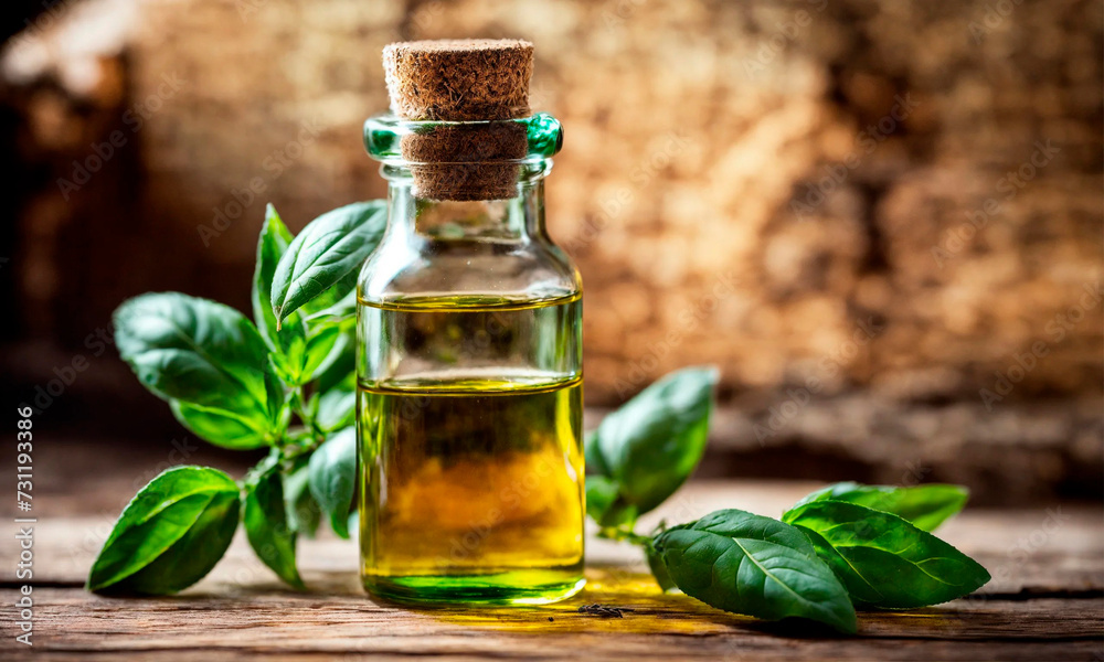 basil essential oil in a bottle. Selective focus. basil essential oil in a bottle. Selective focus.