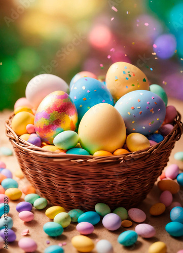 multi-colored Easter eggs in a basket. Selective focus.