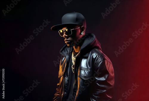 Casually dressed rapper in a baseball cap sunglasses, hoodie and leather jacket. Portrait of a hip hop artist under reddish ligth. Copy space