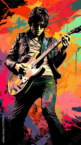 Rock n roll popart, pop art of guitarist, guitar illustration