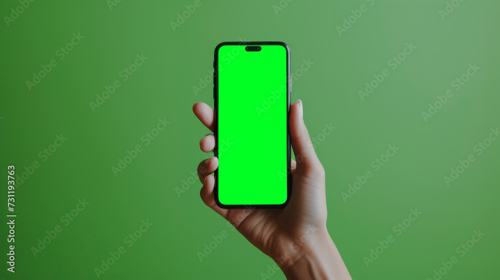Hand of girl's holding a smartphone with green chroma key screen. Template for online store or social media Hand of girl's holding a smartphone with green chroma key screen. Template for online store or social media