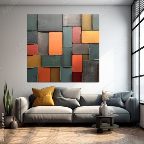 Abstract colors and geometric shapes on a wall, light Charcoal, shaped canvas, Kodak Colorplus, colorful patchwork