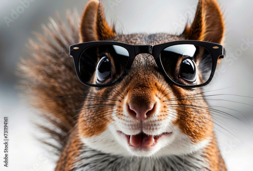 Funny adorable cute lovely squirrel wearing sunglasses. Animal portrait. 