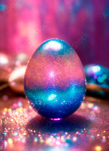 holographic Easter eggs on a shiny background. Selective focus.