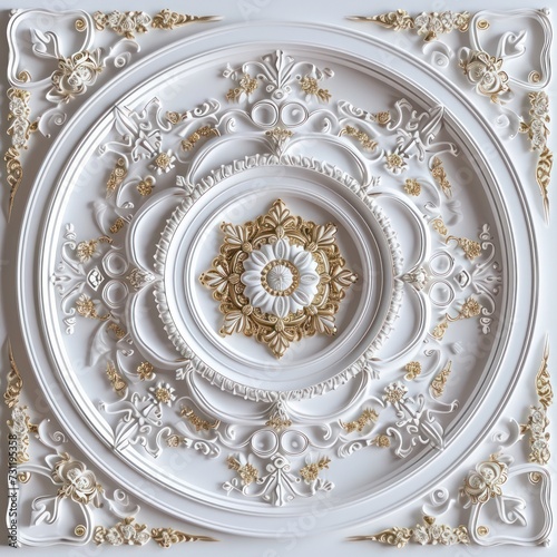 3d wallpaper for ceiling with white golden decoration model. Victorian style and decorative frame background © Matthew