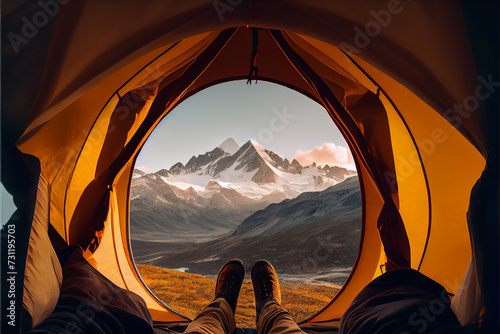 Spectacular view of nature from open tent entrance. The beauty of romantic trekking and camping.